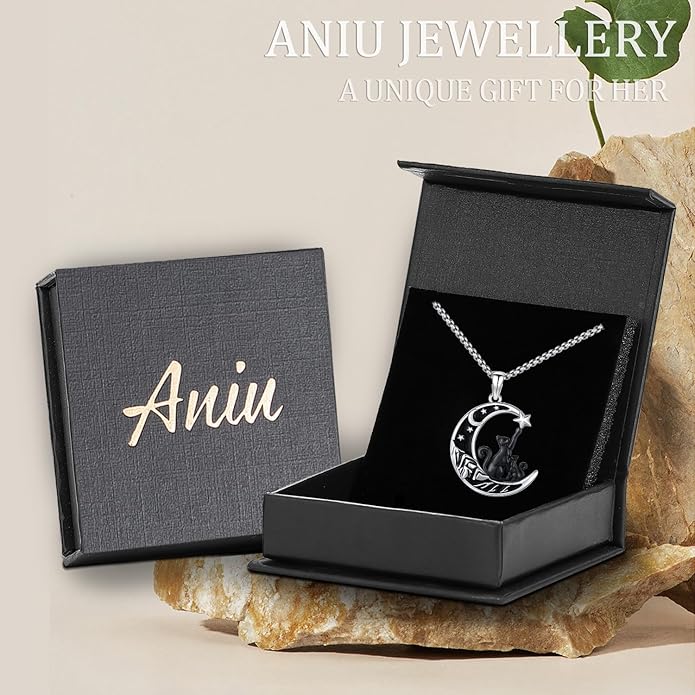 Aniu S925 Sterling Silver Cat Necklace for Women - Moon Pendant Jewelry, Gifts for Cat Lovers
