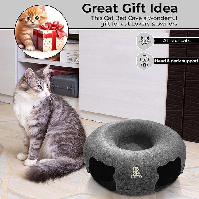 Peekaboo Cat Tunnel Bed-Large, Scratch-Resistant Donut Cave for Indoor Cats Up to 30-45 lbs, Detachable & Washable Design, Perfect Cozy Play & Rest Spot for Cats and Small Dogs (Dark Grey, Large)