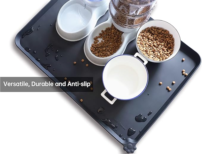 Hoki Found X-Large Silicone Pet Food Mats Tray - Non Slip Pet Dog Cat Bowl Mats Placemat - Dog Pet Cat Feeding Mat - Waterproof Dog Cat Food Mats -Pet Water Mats for Carpet -Black
