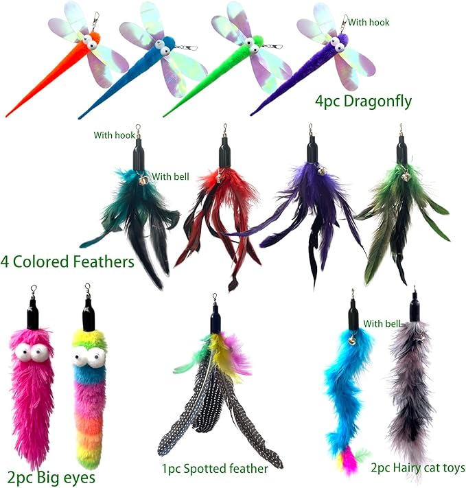 Cat Worm Toy Refills Cats Teaser Toys Wand Replacement Cat Wand Attachments 13Pcs Cat Worms and Dragonfly Refill,Cat Wand Toy Assorted Teaser Refills with Bell (13Pcs)