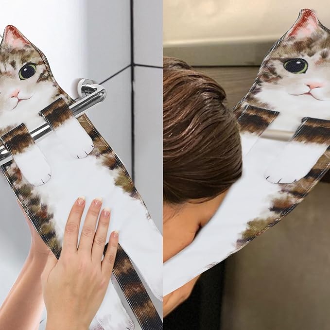 Cat Hand Towels for Kitchen Bathroom - Cute Cat Decor Gadgets - Hanging Soft Absorbent Hand Face Towel - Funny Birthday Housewarming Holiday Unique Gifts for All Women Mom Lady Cat Lovers - Tabby