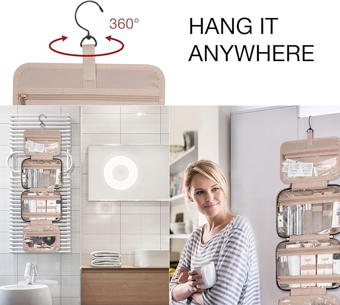 BAGSMART Toiletry Bag Travel Bag with Hanging Hook, Water-resistant Makeup Cosmetic Bag Travel Organizer for Accessories, Shampoo, Full-size Container, Toiletries (Camel, Medium)