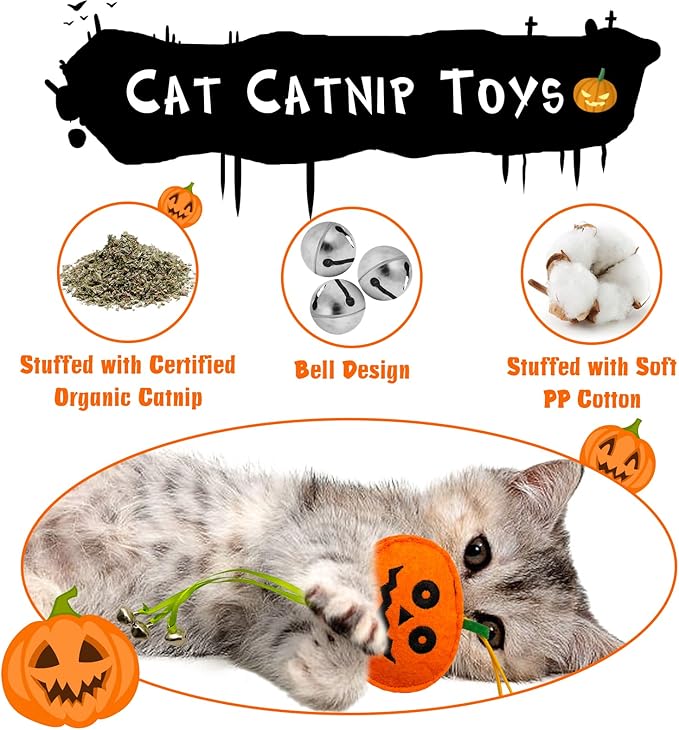 Halloween Cat Toys for Indoor Cats, 4Pcs Catnip Toys with 1 Natural Silvervine Stick, Halloween Interactive Cat Toys with Feather and Bells for Indoor Cats & Kitten & Kitty