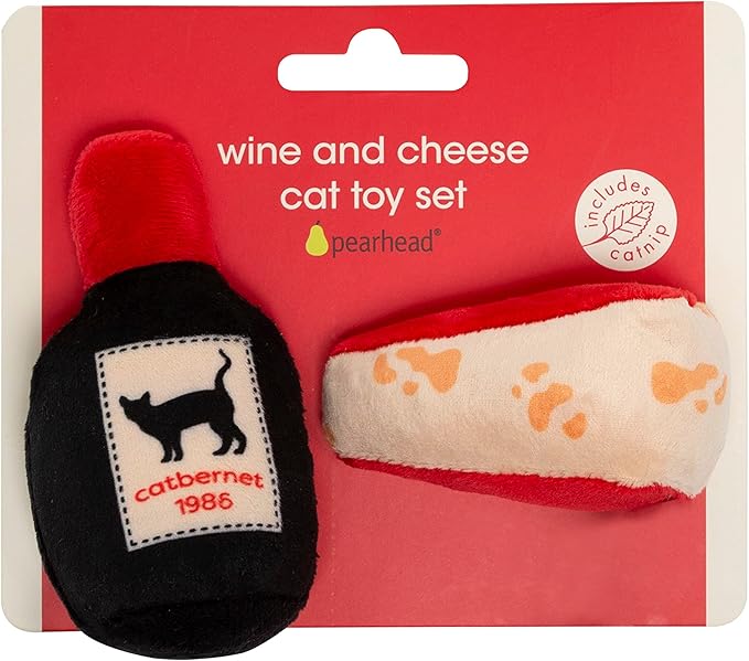 Pearhead Pet Cheese and Wine Plush Cat Toys, Set of 2, Valentine's Day Dog Toys, Wine and Cheese Catnip Toys, Crinkle Cat Toys, Cat Owner Valentine's Day Keepsake