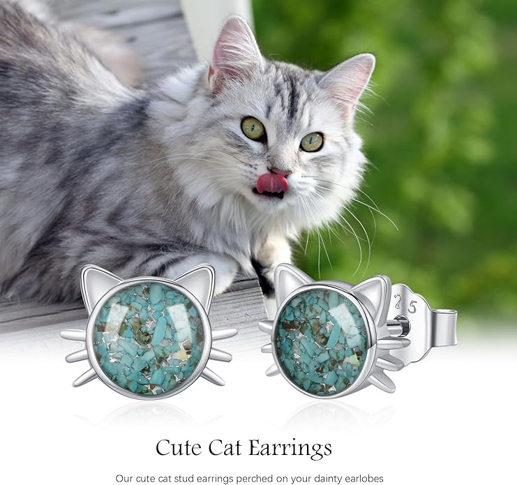 925 Sterling Silver Cat Earrings Cute Animal Kitten Stud Earrings cat Jewelry Gifts for Women Girls Hypoallergenic Earrings for Sensitive Ears
