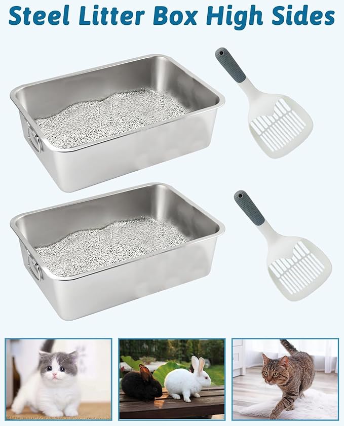 BNOSDM Large Cat Litter Box Stainless Steel 19.7"x13.8"x6" Metal Cat Litter Pan with Handles, High Sides Cats Toilet with Litter Sifting Scoop for Cats Rabbits