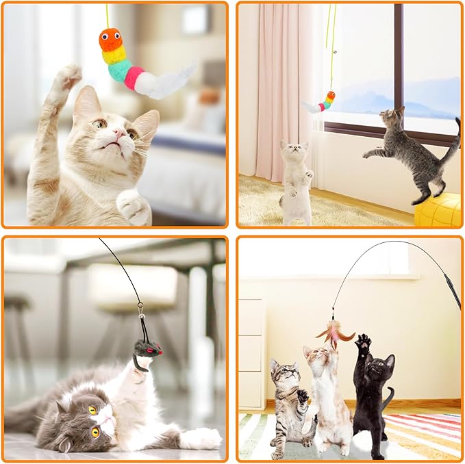 Interactive Cat Toys Cat Teaser Wand Set and Hanging Cat Door Toys with 8pcs Cat Feather Replacement Toys Mice, Cat Toys Kitten Toys for Indoor