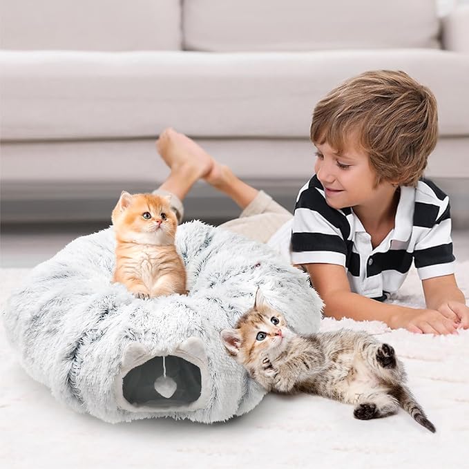 Cat Tunnel Bed for Indoor Cats, Soft Cute Cat Donut Tunnel with Washable Circle Cushion, Under Christmas Tree Plush Peekaboo Cat Cave, Round Pet Play Tunnel Toy for Kitten/Rabbit/Puppy