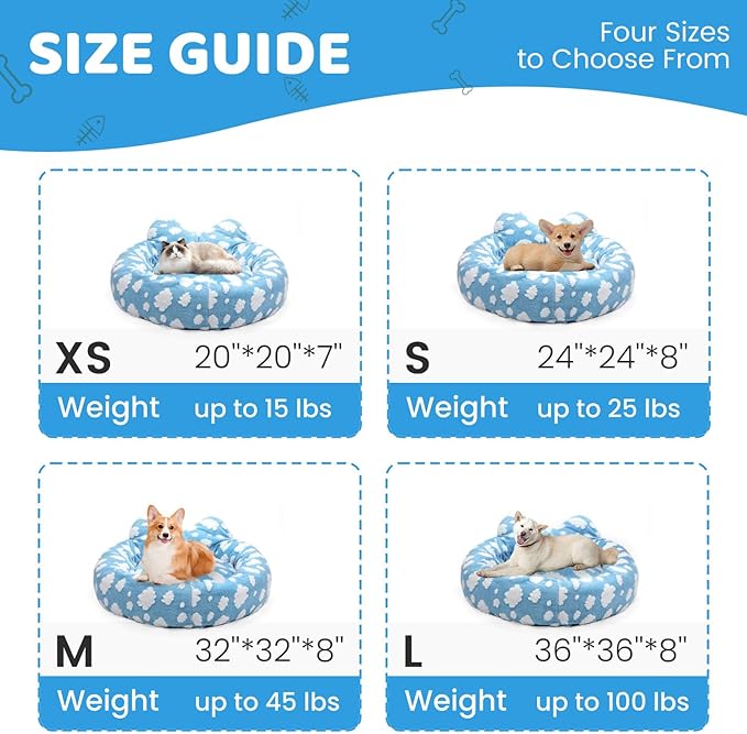 Cat Bed & Dog Bed, Removable Cozy Soft Cat Bed Washable Round Cute Dog Bed with Jacquard for Small Medium Cats and Dogs, Blue Sky S