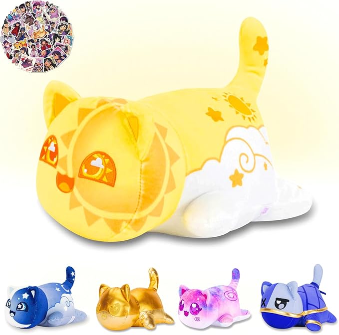 9.8-in Sun Cat Plush + 60-Sticker Cat Collection - 100% Polyester Embroidered Plush Pillow