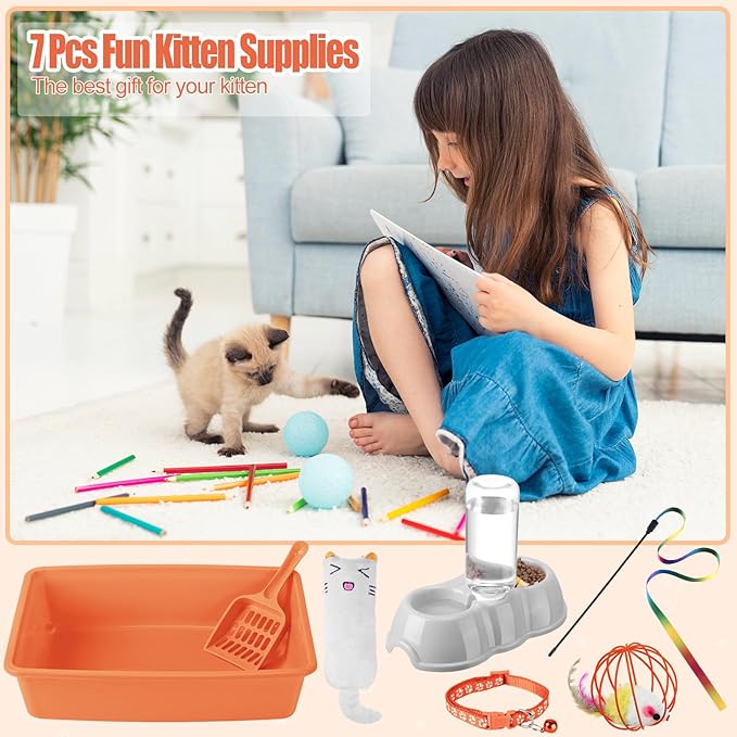 7 Pcs Small Cat Kitten Starter Kit Cat Litter Box with Shovel Cat Paw Litter Mat Double Automatic Cat Bowls Cat Toy Teaser Stick Cat Collar Essentials Kits for 1-3 Lbs Beginner (Orange,Simple)