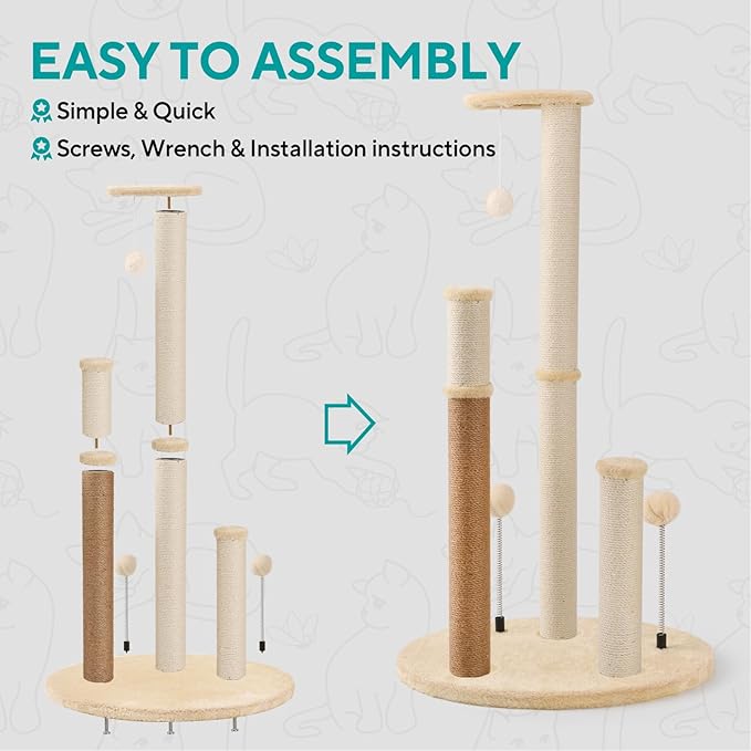 Maximum - 35.8" Tall Cat Scratching Post, 3 Scratcher Posts for Indoor Small and Large Cat, Spring Cat Toy and Hanging Ball, Non Spliced Elliptical Base Plate