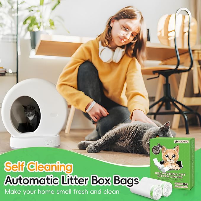 60 Pack Cat Litter Box Liners for Meo Want SC01, MW-SC02, MW-LR01, Extra Thick Drawstring Heavy Duty Leak-proof Disposable Smart Self-Cleaning Litter Box Robot Waste Drawer Trash Bags 18" x 12.6"