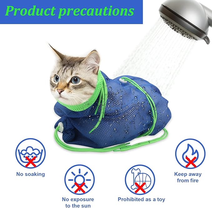 Cat Bathing Bag, Breathable Mesh Cat Shower Bag Anti Scratch Adjustable Cat Grooming Bag for Nail Trimming, Bathing Polyester Soft Cat Washing Bag (Blue-Green)