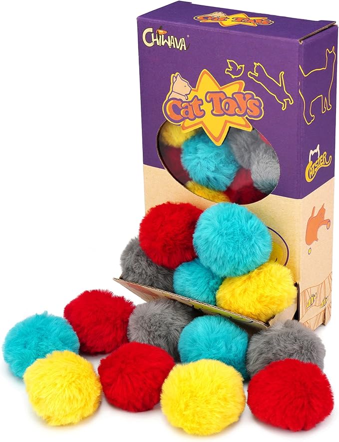 CHIWAVA 24PCS 1.8" Catnip Furry Cat Toys Ball Soft Pom Pom Balls Kitten Chasing Quiet Play Assorted Color