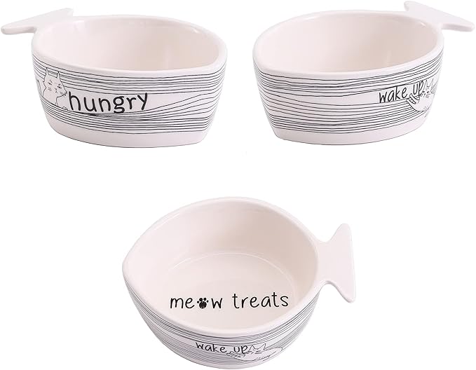 Bico Linear Cartoon Kitty Fish Shaped Ceramic Cat Bowl, for Cat and Kitten, Dishwasher Safe