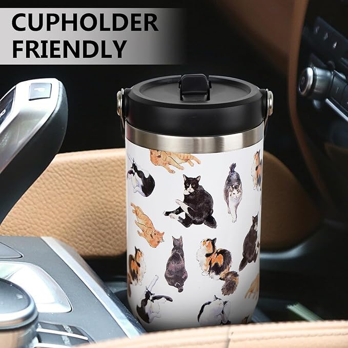 30oz Cat Tumbler with Handle and Straw, Stainless Steel Vacuum Insulated Flip Straw 30 oz Coffee Tumbler, Spill Proof Travel Mug, Cat Decor Gifts for Women
