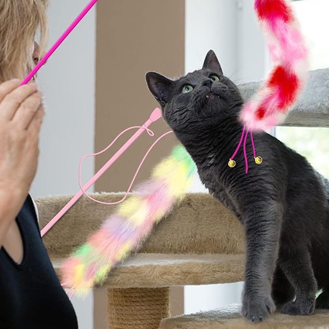 2 Pack Cat Wand Toy, Rainbow Cat Feather Toys with Bells, Cat Teaser Wand with Soft Furry Tail, Interactive Cat Toys for Indoor Cats & Kitten & Kitty