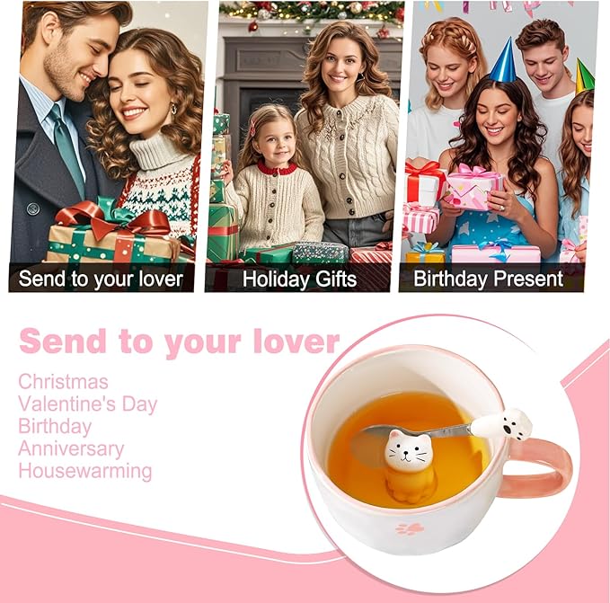 BigNoseDeer Kawaii Cat Mug with 3D Kitty Inside Cute Mugs Ceramic Tea Cup Coffee Mug Gifts for Women Girlfriend Kids White Elephant Gifts (13oz)