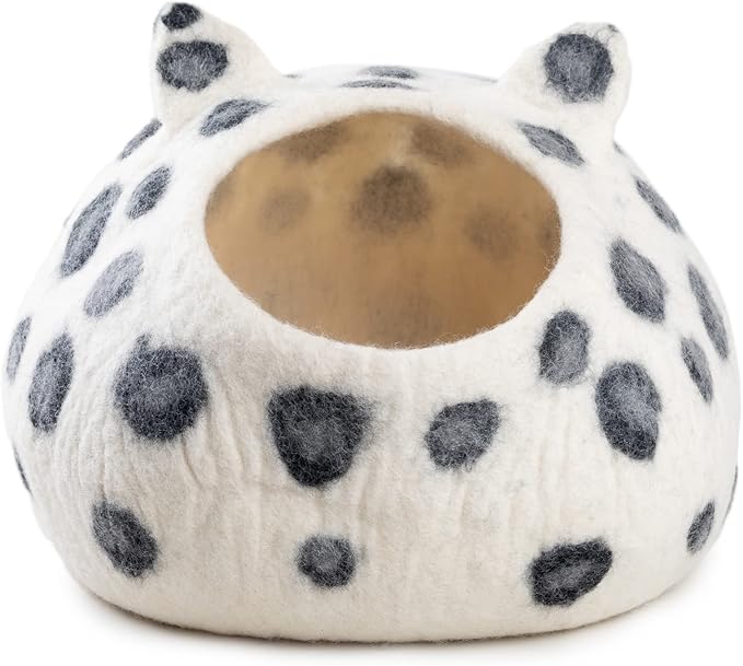 Wool Cat Cave Bed - Extra Warm, Handcrafted, Eco-Friendly Felt Cat Cave for Indoor Cats and Kittens (White Polka) by Woolygon
