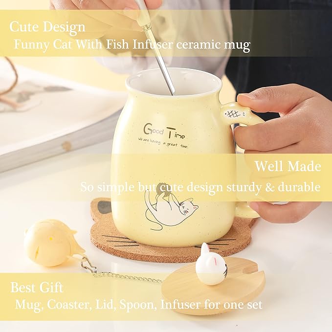BigNoseDeer Tea Cup With Infuser and Lid Ceramic Coffee Mug Kawaii Cat Mug Cute Mugs Tea Mug Cute Cool Preppy Stuff Cat Gifts Birthday Gifts Cute Gifts for Women Girls(13oz)