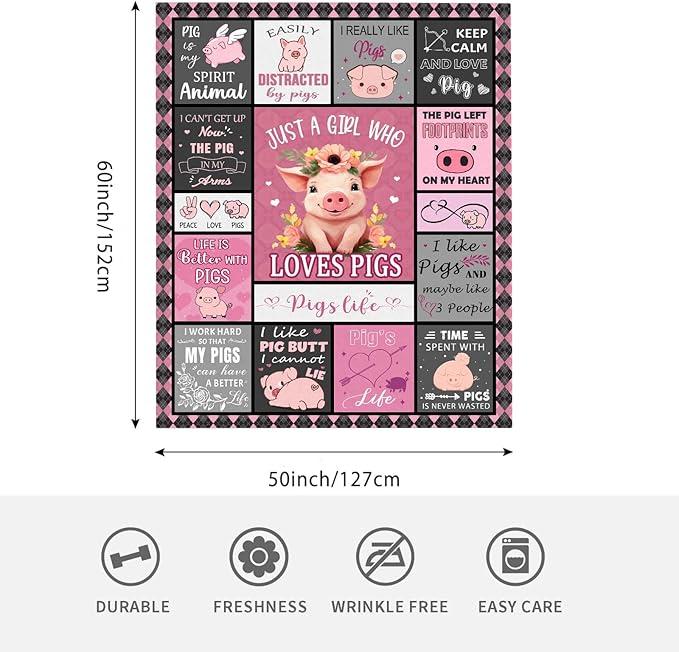 Pig Blanket, Pig Gifts for Pigs Lovers Women, Just a Girl Who Loves Pigs, Piggy Themed Gifts Throw Blanket for Couch Sofa 50"x60"