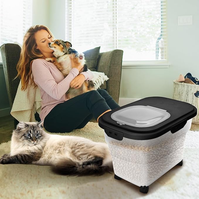 Dog Food Container, Collapsible Pet Food Storage Container 17-20 lb with Rolling Wheels & Airtight Lid, Plastic Storage Bin With Dog Food Scoop and Measuaring Cups