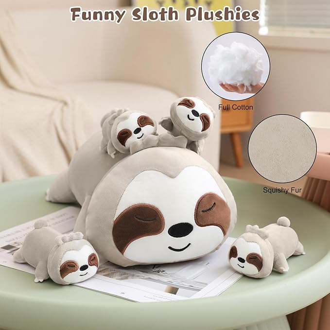 Sloth Stuffed Animal Cute Sloth Plush Pillow with 4 Baby Plushies in Her Tummy, Soft Cotton Stuffed Animals Toy Gifts for Kids