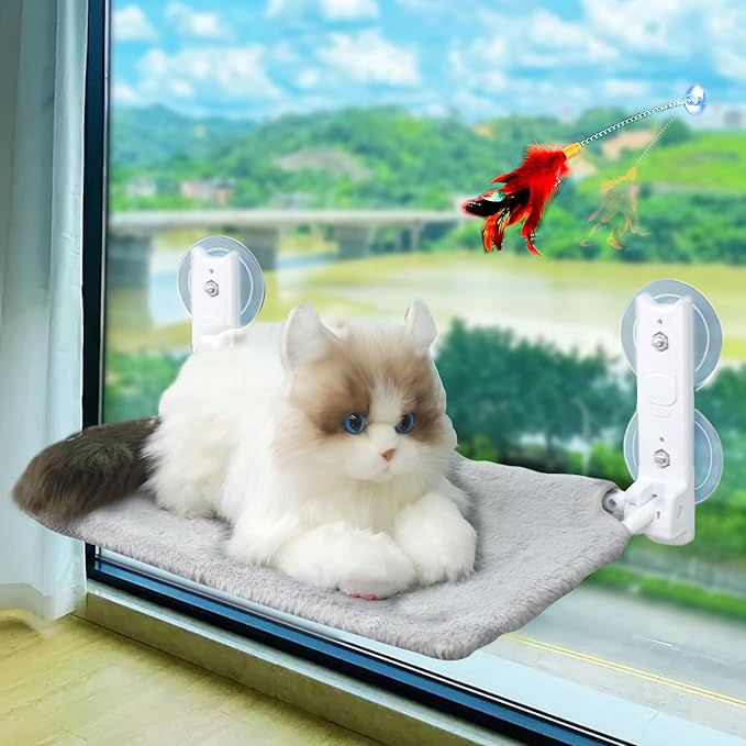 Marchul Cat Window Perch with Feather Bell Cat Wand, Foldable Cat Window Hammock, Cat Bed Window with 4 Strong Suction Cups, Sturdy Metal Frame and Soft Cover Available for All Seasons