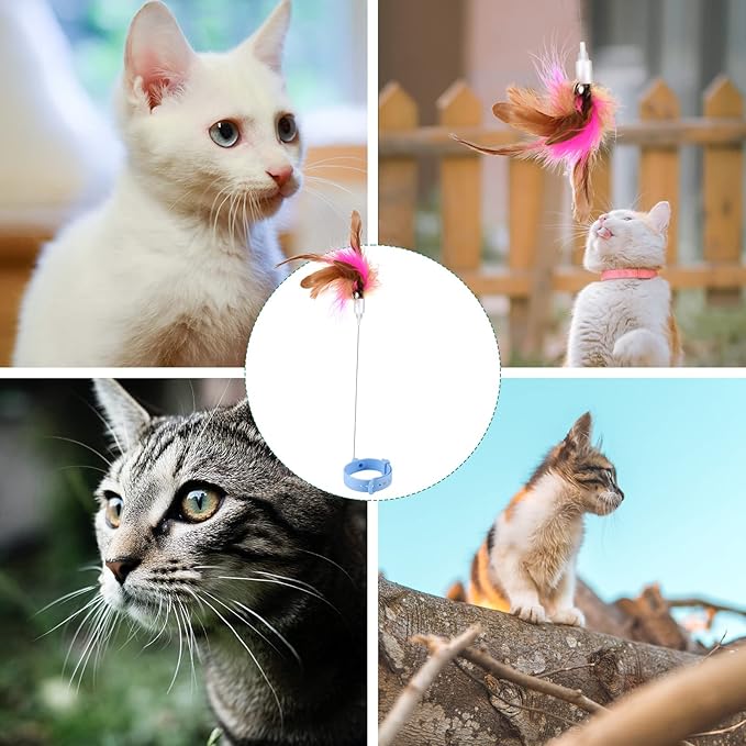 Cat Teaser Wand Toy, Cat Teasing Wand Collar Silicone Adjustable Cat Wand Toy Feather with Bell Cat Interactive Teaser Toys for Indoor Cat Kittens Playing Exercise (Blue)