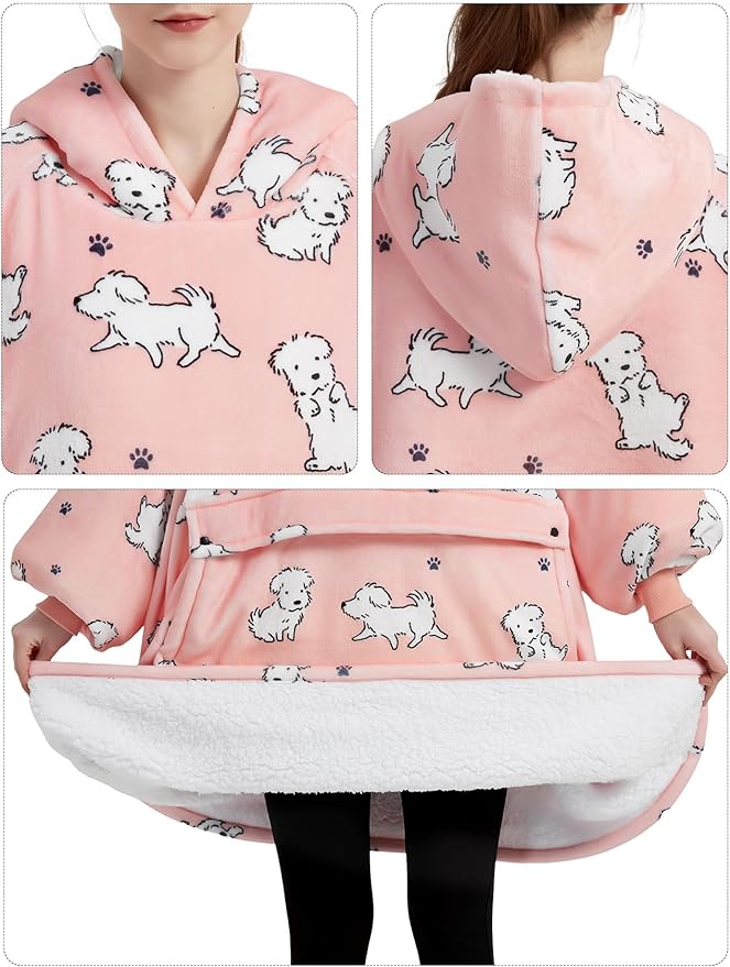 KFUBUO Wearable Blanket Hoodie for Adult Sherpa Dog Patterns Oversized Hoodie Sweatshirt Blanket with Pockets Birthday Gifts for Women