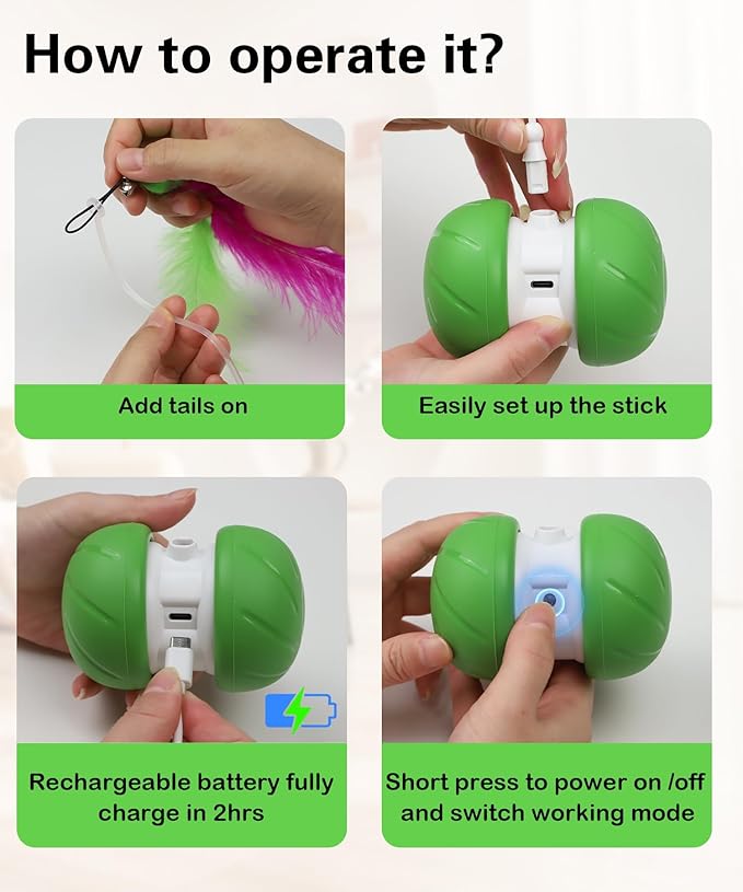 Interactive Cat Toys for Indoor Cats, Motion Activated Cat Toys, Automatic Cat Toy with Extra Long Feather Wand, Cat Mouse Toys, USB Rechargeable (Green)