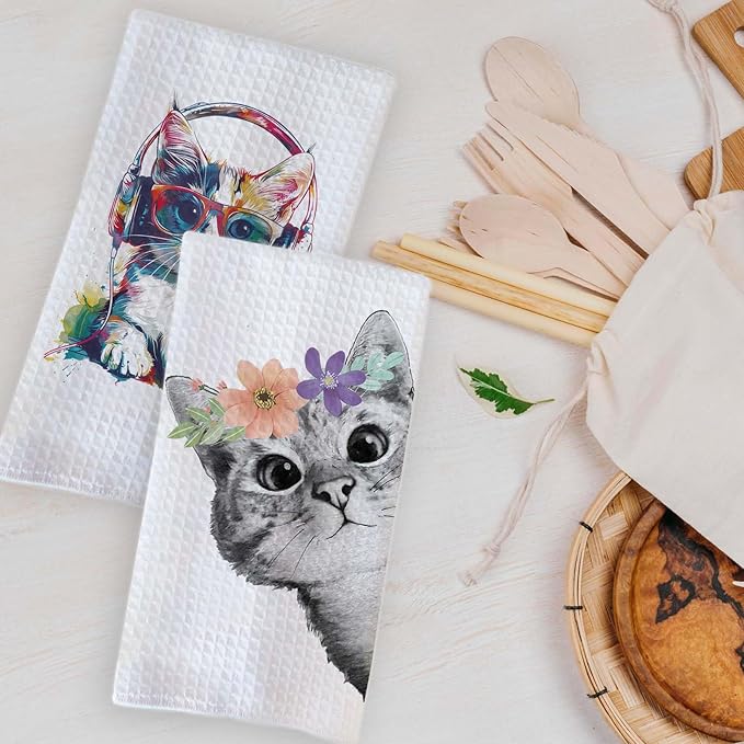 Cute Cat Kitchen Dish Towels Set of 2 Cats Decoration for Cat Lovers Cat Kitchen Accessories Cat Mom Gifts for Women Cute Towels Decorative Set for Kitchen & Bathroom 16×24 Inch