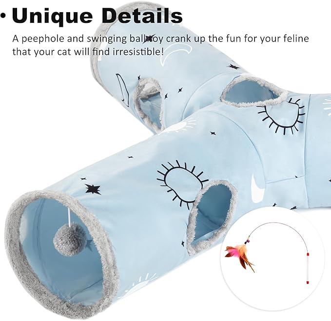 Love's cabin Large Cat Tunnel Toy 3 Way Collapsible, Cat Tunnels for Indoor Cats Large, Cat Play Tunnel with 4 Peek Hole Plush Ball & Feather Toy for Cat, Kitty, Kitten, Rabbit, Puppy Blue Sun