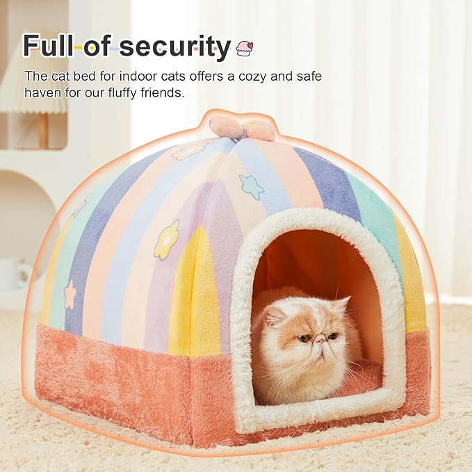 Jiupety Cute Cat House for Cats and Puppy, Cat Beds for Indoor, Cat Cave Bed with Removable Cushion, Cat Hideaway, 2-in-1 Pink Cat Bed, Medium, Rainbow.
