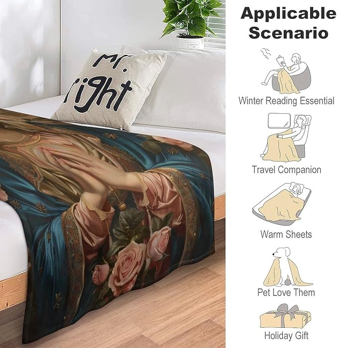 Virgin Mary Throw Blanket Catholic Religious Faith Mexican Mother of God Prayer Print Blankets Gifts for Couch Sofa Stuff Decor Cozy Fleece Plush Flannel Bedding for Lover Men Women Adults 50"x60"