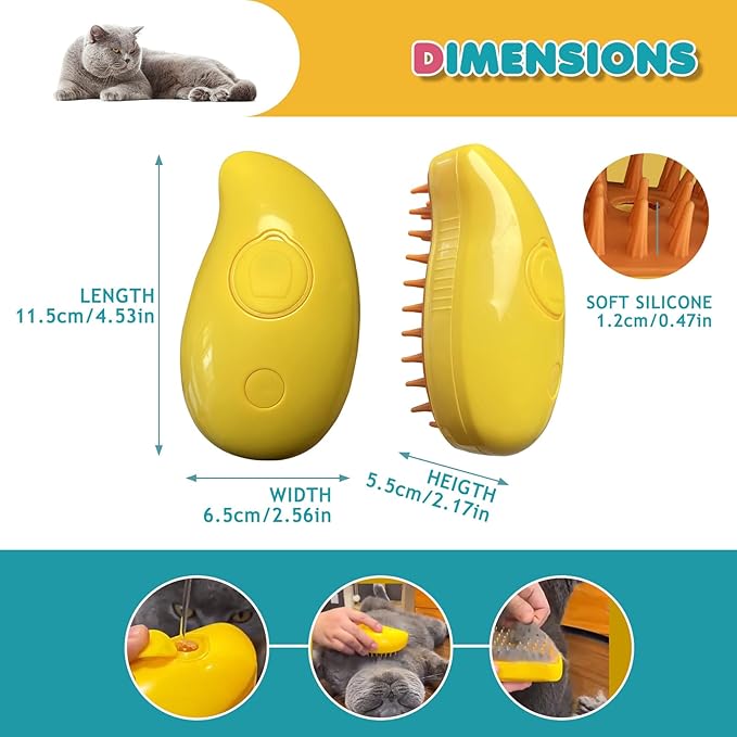 3 In 1 Steam Pet Brush - Self-Cleaning Steamer for Cat Massage, Removing Tangles, Loose Hair, and Spray Grooming (Yellow)