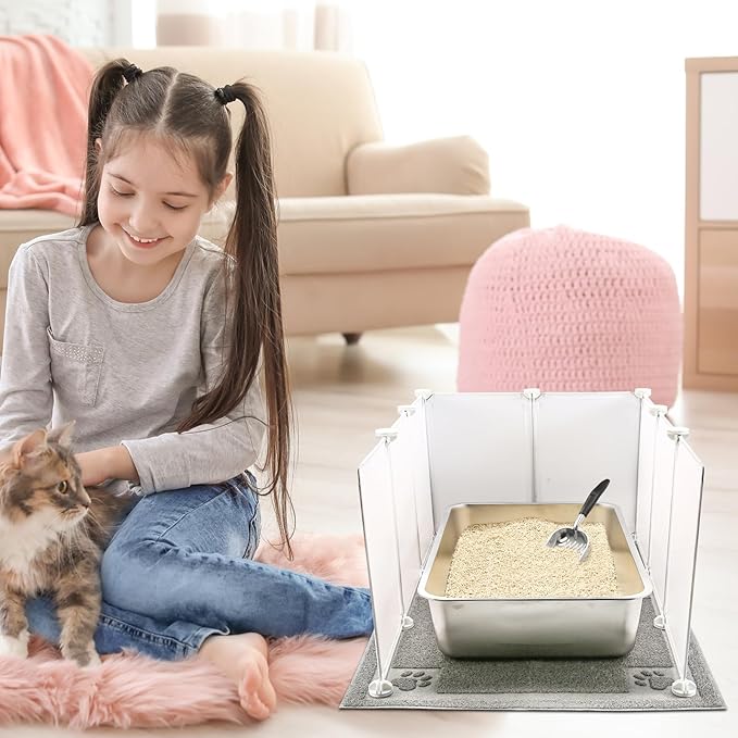 2 Set Extra Large Giant Stainless Steel Litter Box for Cats(24 x 16 x 6 inches) with 2 Metal Cat Litter Scoop,16 Litter Splash Shield and 2 Cat Litter Mat,Easy Clean,Non Stick,Odor Control