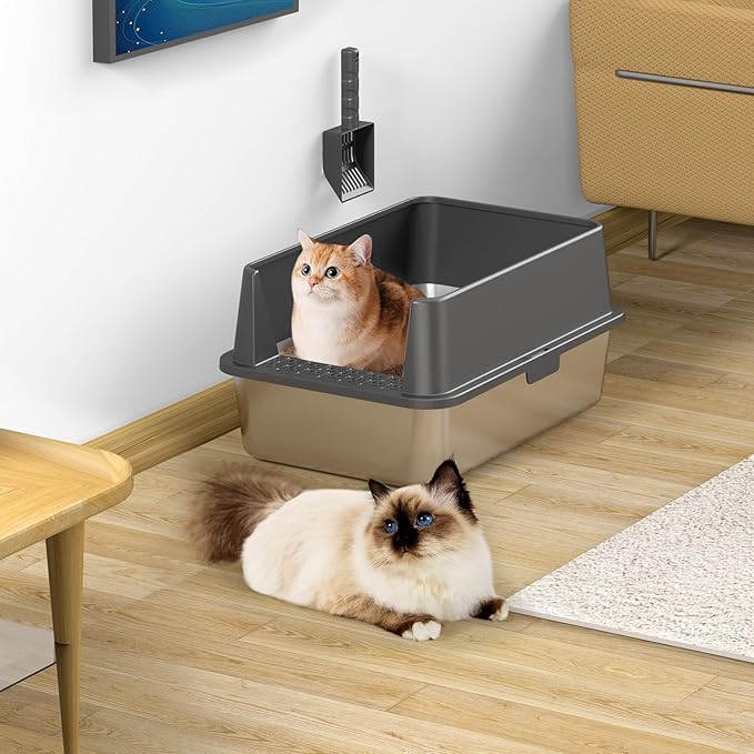 2PACK Stainless Steel Cat Litter Box with High Sides Lid, Extra Large XL Litter Box for Big Cats,Open Top Metal Kitty Litter Box with Anti-Leakage Enclosure,Non-Stick,Odorless,Scoop Included