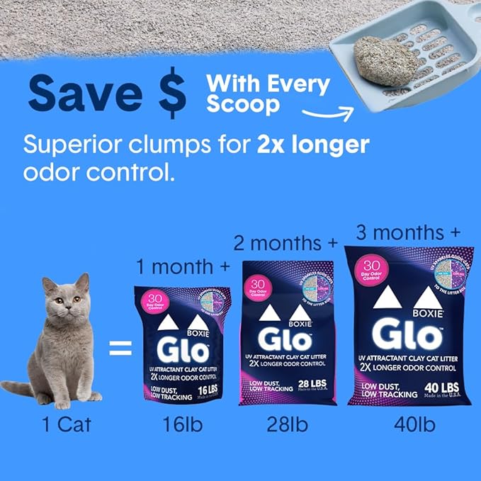Boxie® Glo™ 30 Day Odor Control Clumping Clay Cat Litter, 40 lb, Multi-Cat, 99.9% Dust-Free, Low Tracking, UV Light Attractant, Superior Clumping for Easy Scooping