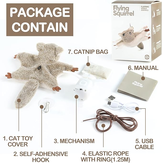 Suhaco USB Rechargeable Cat Toys Flapping & Chirping Mouse Kitty Toys with Catnip, Door Hanging Interactive Squeaky Flying Squirrel Cat Toys Touch Activated Beating Wings Kitty Kicker Toys for Cats