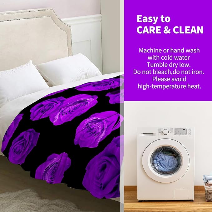 Rose Floral Blanket Gifts for Women Girls Mom Wife Birthday Christmas Valentine Present Romantic Purple Roses Theme Decor Bedroom Living Room Couch Sofa Kid Adult Soft Cozy Plush Flannel Throw 60"x50"