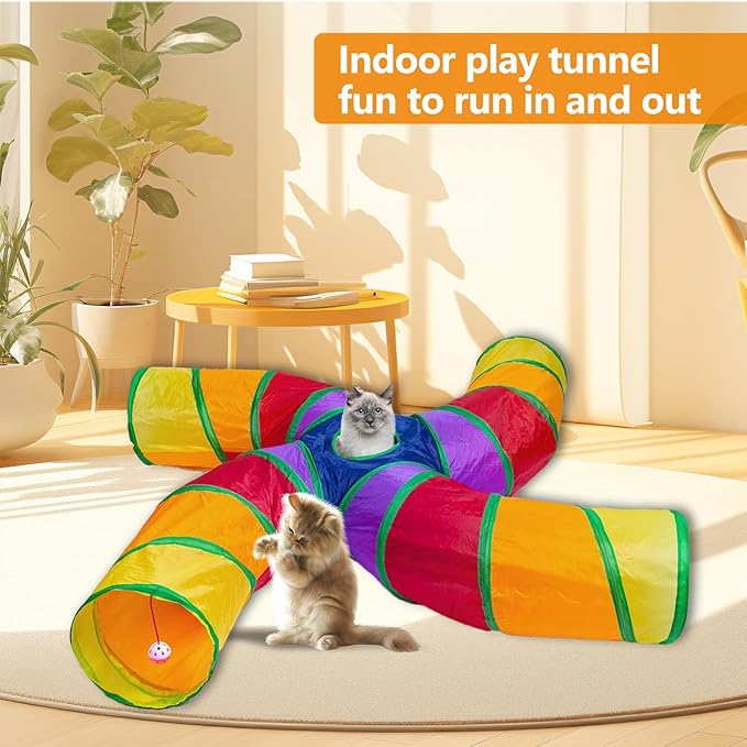 EGETOTA Cat Tunnel for Indoor Cats Large, with Play Ball S-Shape 4 Way Collapsible Interactive Peek Hole Pet Tube Toys, Puppy, Kitty, Kitten, Rabbit (S4 - Multicolor)