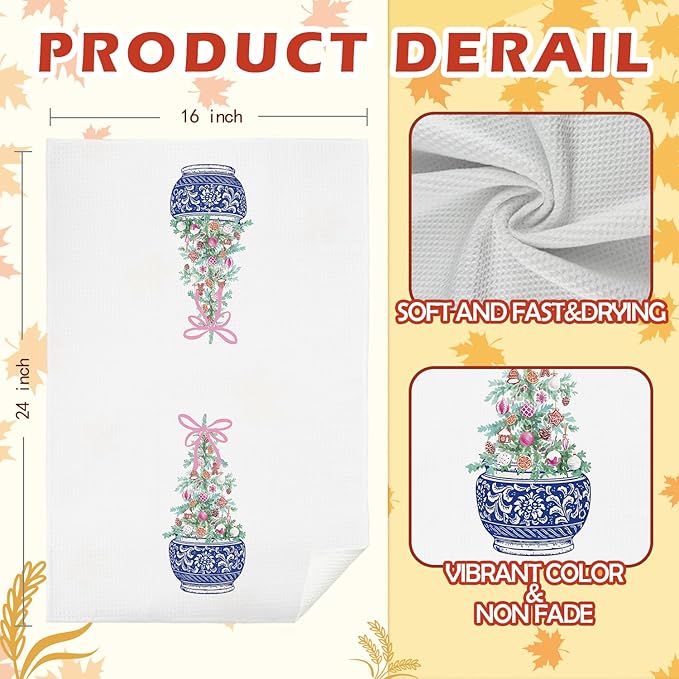 SPBL&L Chinoiserie Christmas Kitchen Towels, Pink Bow Christmas Tree Hand Towels for Bathroom, Blue and White Porcelain Chinoiserie Christmas Dish Towels, Christmas Kitchen Bathroom Decor, 16x24 Inch