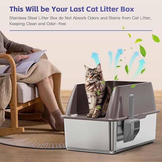 15" XL Stainless Steel Litter Box for Cats, Enclosed Metal Litter Box with Lid, Extra Large Kitty Litter Box with High Sides for High Peeing Cat, Easy to Clean, Non-Sticky, Including Scoop