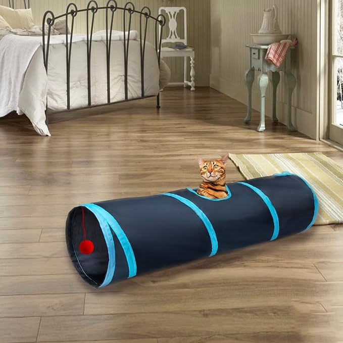 Cat Tunnel Tube Toys,Tunnels for Indoor Cats, 2 Way Blue Collapsible Interactive Toy with Balls for Rabbits, Kittens, Ferrets, Puppy