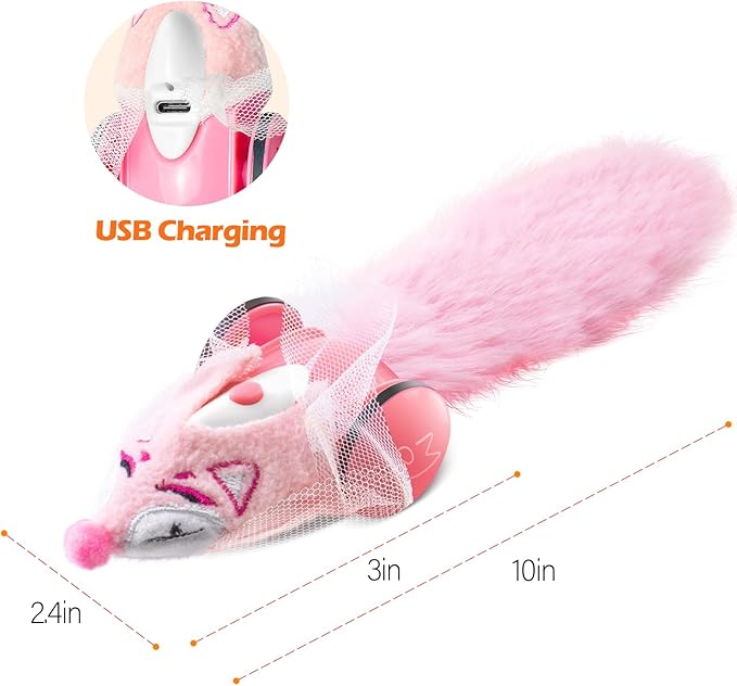 Migipaws Automatic Cat Toys, Plush Cat Mouse Toy, Interactive Toy for Indoor Cats, Smart Moving Kitten Toy, Rechargeable (Pink)