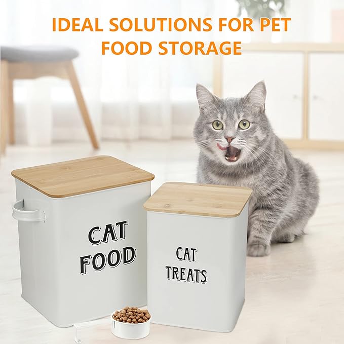 Cat Food and Treats Containers Set with Scoop for Cats or Dogs -Tight Fitting Wood Lids - Coated Carbon Steel - Storage Canister Tins-Cat-White