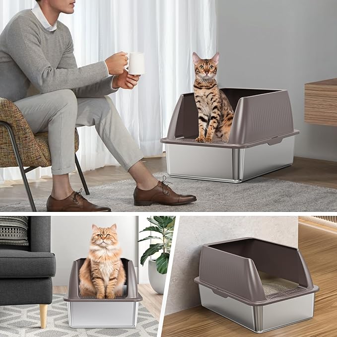 14" XL Stainless Steel Litter Box for Cats, Enclosed Metal Litter Box with Lid, Extra Large Kitty Litter Box with High Sides for High Peeing Cat, Easy to Clean, Non-Sticky, Including Scoop