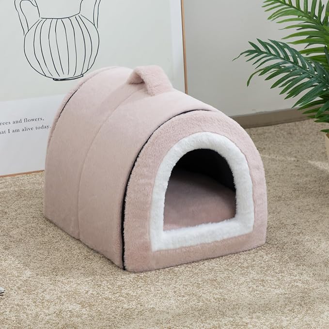 Hollypet Fluffy Cat Bed, 2 in 1 Foldable Cave House Animal Shaped Nest Pet Sleeping Bed, Light Pink